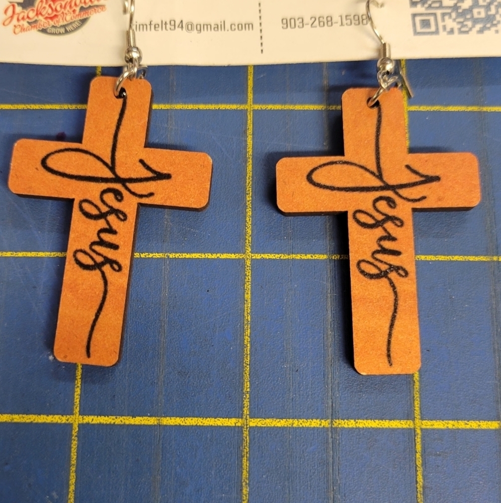 Jesus Cross Wooden 2" Earrings